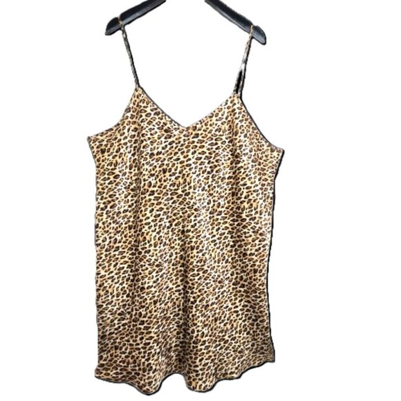 Vintage Gilligan O' Malley Black Brown Cheetah Silky Satin Slip Dress Lingerie - Picture 1 of 6